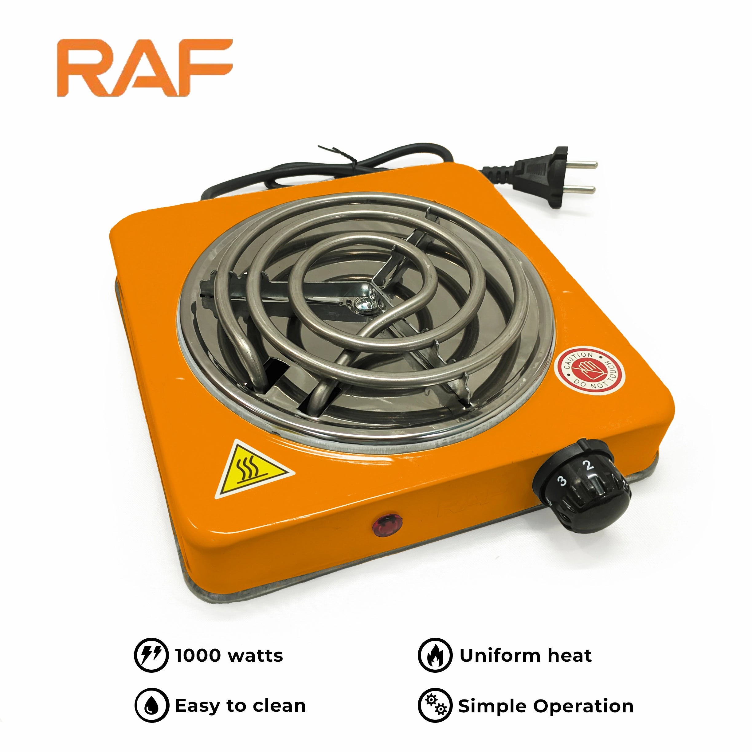 Black RAF R.8010B Electric Stove Hot Plate and Cooker with 1000W Power, Thermostat, and Uniform Heating