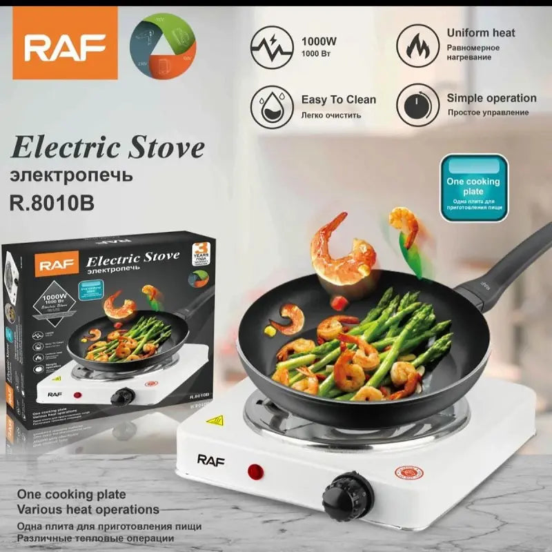 Black RAF R.8010B Electric Stove Hot Plate and Cooker with 1000W Power, Thermostat, and Uniform Heating